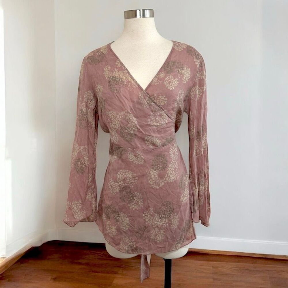 J Jill Silk Floral Wrap Boho Blouse Top Flutter Tunic Paisley Medium M